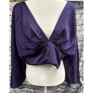 NWT ZARA Deep Purple Cropped Satin‎ Effect Top Bell Sleeve Open Back Size Small